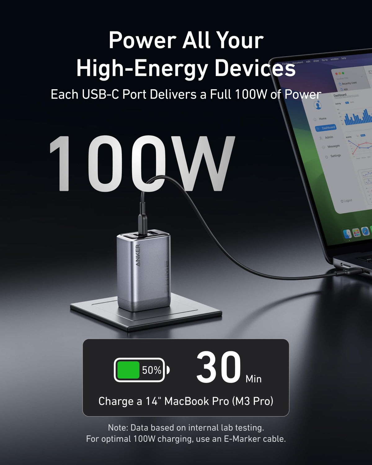 Anker charger with 100W output for MacBook charging